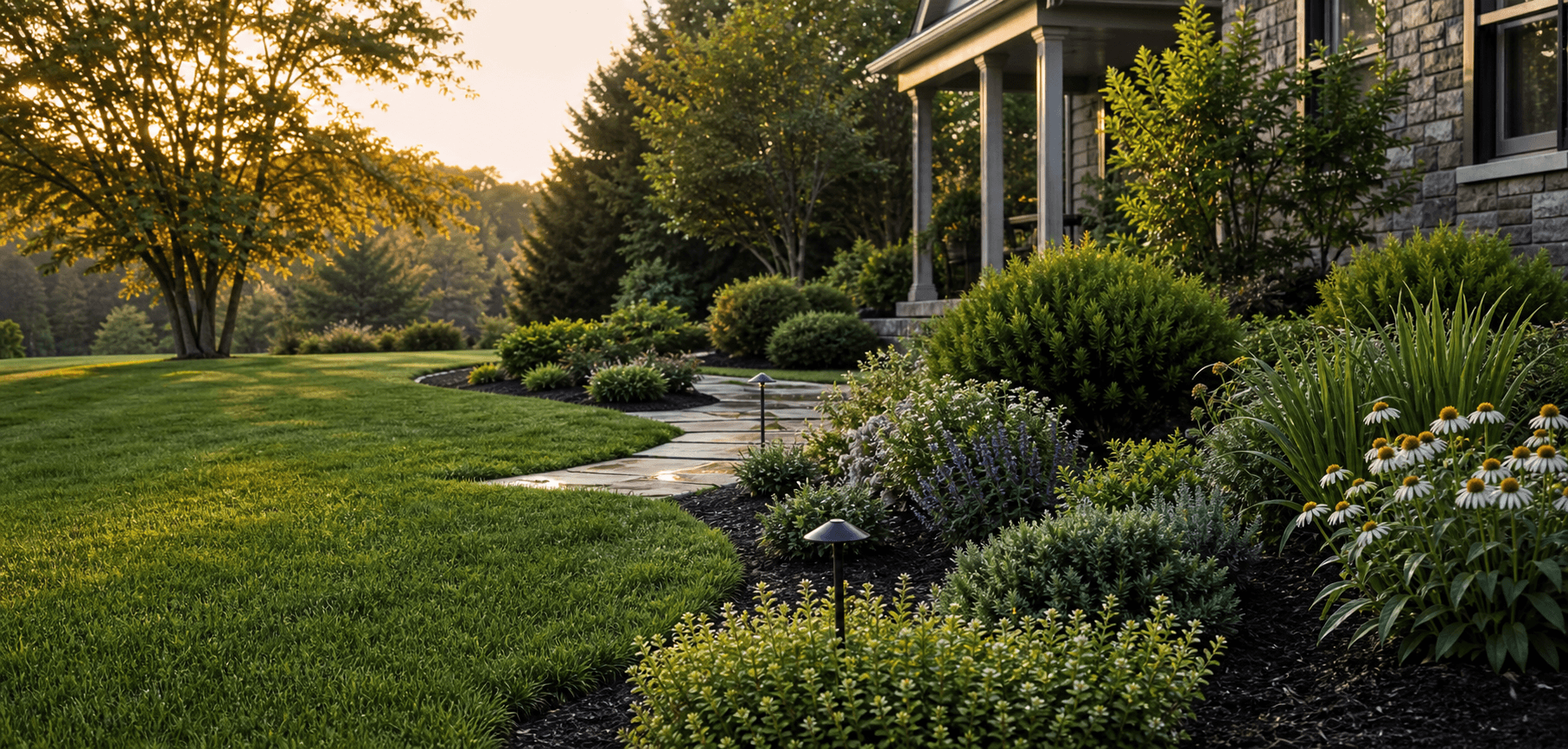 Fresh residential garden beds with evergreen shrubs, perennials, mulch, and a clean stone walkway.